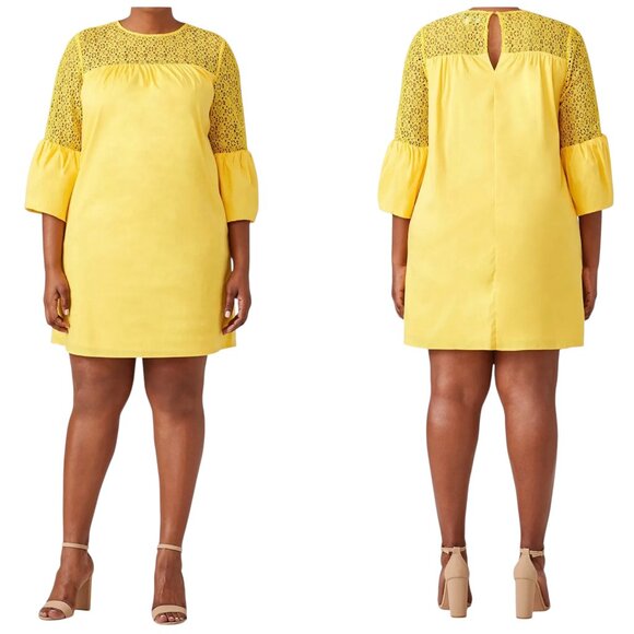 Draper James x ELOQUII Lace Yoke Bell Sleeve Shift Dress Yellow Size 18 - Picture 1 of 6